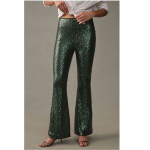 Anthropologie Green Sequin Wide Leg Pants